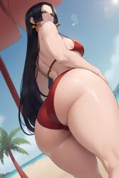 1girls ai_generated annoyed ass azure_(artist) beach big_ass bikini black_hair blue_eyes boa_hancock breasts earrings female female_only from_below long_hair looking_back looking_over_shoulder nails navel one_piece outdoors pouting red_bikini shounen_jump sky solo stable_diffusion swimwear tagme thick_thighs thighs