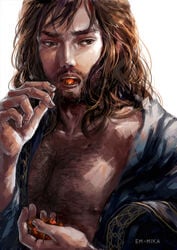 1boy 1male cherry dwarf eating em-mika kili long_hair long_hair_male seductive_look tagme the_hobbit