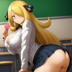 ai_generated autismmix_pony(model) big_ass big_breasts blush busty classroom cleavage creatures_(company) curvy cynthia_(pokemon) female female_only game_freak hi_res highres holding_condom naughty_face nintendo pokemon pokemon_(game) pokemon_dppt pokemon_trainer pony_diffusion_xl school_uniform schoolgirl seraphim_ai side_view skirt smile solo stable_diffusion thick_thighs