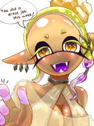 2024 big_breasts black_eyelashes black_mask breasts clothed clothing dark-skinned_female dark_body dark_skin digital_media_(artwork) dipstick_fingers ear_piercing english_text frye_(splatoon) frye_onaga hi_res humanoid_pointy_ears looking_at_viewer nintendo open_mouth open_smile pointy_eared_humanoid pointy_ears pointy_teeth pseudo_hair purple_tongue splatoon splatoon_(series) splatoon_3 t2ukmyjm talking talking_to_viewer text text_bubble whitewashed yellow_eyebrows yellow_eyelashes yellow_eyes yellow_hair