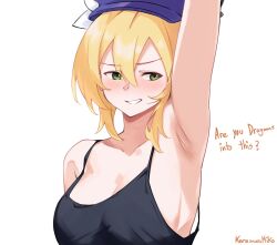 armpits blush dokibird green_eyes indie_virtual_youtuber karasawamiko side_glance text virtual_youtuber watermark yellow_hair