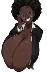 1girls african_female afro ai_generated big_breasts black_female brown_eyes brown_hair cleavage curly_hair dark-skinned_female dark_skin edit edited fangs female female_only gigantic_breasts glasses huge_breasts looking_at_viewer original original_character smiling smiling_at_viewer solo solo_female