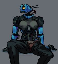 1girls breasts female female_only machinecoolant mirage_(ultrakill) nipple_piercing no_bra no_shirt robot robot_breasts robot_girl tits_out trans_woman transfem ultrakill underwear zipper_down