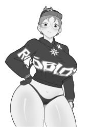 1girls big_breasts big_thighs breasts cameltoe cap commission cosmicjellynsfw female female_only glasses guest_(roblox) hair_bun hoodie looking_at_viewer monochrome necklace panties roblox roblox_avatar robloxian solo tagme thighs worried worried_expression