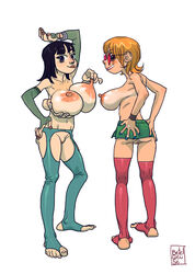 2girls areola big_areola big_breasts big_nipples breast_lift breasts clothes color feet female female_only hana_hana_no_mi human kroke_drilo looking_back multi_arm multi_limb multiple_females multiple_girls nami nico_robin nipple_tweak nipples one_piece pale-skinned_female pale_skin perky_breasts plump_labia pose pre-timeskip puffy_areola pussy skinny standing tagme tanline toes topless vulva