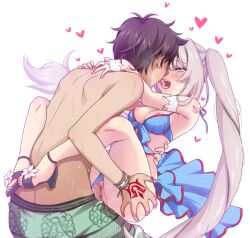 1boy 1girls bare_shoulders bikini black_hair blue_bikini blue_eyes blush breasts censored command_spell fate/grand_order fate_(series) female fujimaru_ritsuka_(male) green_shorts grey_hair kissing kissing_while_penetrated large_breasts leg_lock lifting_person long_hair marie_antoinette_(fate) marie_antoinette_(swimsuit_caster)_(fate) marie_antoinette_(swimsuit_caster)_(third_ascension)_(fate) mori_marimo nipples open_mouth penis pussy sex short_hair shorts smile spread_legs standing_sex straight suspended_congress swimsuit tongue tongue_out twintails upright_straddle vaginal_penetration