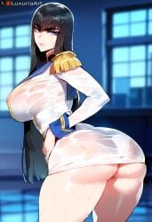 1girls ai_generated ass ass_focus back back_view big_ass big_breasts big_butt black_hair blue_eyes clothed clothing color female female_focus female_only hi_res junketsu kill_la_kill kiryuuin_satsuki large_breasts light-skinned_female light_skin lipstick long_hair luxuriaart nipples_visible_through_clothing solo solo_female tagme thiccwithaq_(ai_style) thick_thighs wet wet_shirt