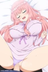 1boy 7th_time_loop bed_sheet breasts censored closed_eyes clothed_sex clothing_aside female kohei_moriya large_breasts long_hair loop_7-kaime_no_akuyaku_reijou_wa_moto_tekikoku_de_jiyuu_kimama_na_hanayome_seikatsu_wo_mankitsu_suru lying mosaic_censoring on_back open_mouth pajamas panties panties_aside penis pink_hair pixiv_username purple_panties rishe_imgard_weitzner sex spread_legs straight sweat underwear