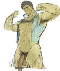 armpit_hair balls big_penis blush bottomless flaccid flexing idolmaster idolmaster_side-m male male_only muscles muscular pantsless penis shingen_seiji solo solo_male waribashi