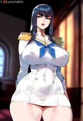 1girls ai_generated big_breasts black_hair blue_eyes clothed clothing color female female_focus female_only hi_res junketsu kill_la_kill kiryuuin_satsuki large_breasts light-skinned_female light_skin lipstick long_hair luxuriaart nipples_visible_through_clothing solo solo_female tagme thiccwithaq_(ai_style) thick_thighs