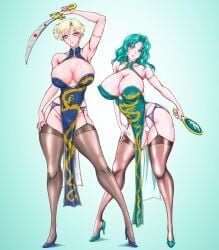 bishoujo_senshi_sailor_moon cheongsam china_dress clothing dress garter_straps haruka_tenou high_heels hourglass_figure huge_ass huge_breasts large_breasts lips marubayashi_shumaru michiru_kaioh panties pelvic_curtain sailor_neptune sailor_uranus stockings thick_thighs thighhighs thong wide_hips