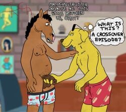 absurd_res age_difference animal_genitalia animal_penis anthro athletic athletic_anthro athletic_male balls bedroom_eyes belly bird_dog bojack_horseman bojack_horseman_(character) bottomwear bulge canid canine canis clothing dialogue domestic_dog duo equid equine equine_genitalia equine_penis erection eyewear eyewear_on_head flaccid food fur genitals hair half-closed_eyes hand_on_shoulder hi_res holding_penis horse hot_dog hunting_dog internal_dialogue labrador male male/male mammal middle_aged mr._peanutbutter narrowed_eyes netflix nipples older_male open_mouth overweight overweight_male pattern_bottomwear pattern_clothing pattern_underwear penis pubes retriever secretly_loves_it seductive shaved_pussy slightly_chubby smile srirachamander stubble sunglasses sunglasses_on_head text thought_bubble underwear worried_face wrinkles
