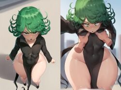 1girls ai_generated angry azure_(artist) bratty_correction breast_grab breasts carrying fat_ass glaring glaring_at_viewer green_eyes green_hair hourglass_figure imminent_penetration looking_at_viewer one-punch_man petite shortstack small_breasts surprised surprised_expression tatsumaki thick_thighs wide_hips