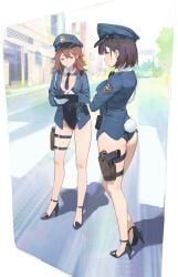 2girls brown_eyes brown_hair bunny_tail bunnysuit city clothing collar ddal female female_only firearm footwear gloves gun handgun hat headwear high_heels human legwear leotard light-skinned_female light_skin multiple_girls outerwear pale_skin pistol police police_uniform policewoman public revealing_clothes skimpy_outfit standing tail tie uniform weapon