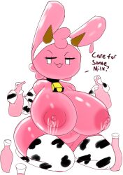 2021 accessory bare_shoulders bell big_breasts cow_print cowbell darky03 elbow_gloves fake_horns female gelbun glistening glistening_body huge_breasts kneeling lactation looking_at_viewer milk nipples slime smug solo text thighhighs thighs unusual_lactation