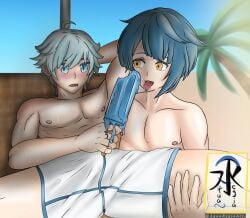 2022 2boys aqua_regia_arts artist_name beach blue_eyes blue_hair blush chongyun_(genshin_impact) gay genshin_impact male_focus male_only popsicle watermark xingqiu_(genshin_impact) yaoi yellow_eyes