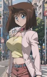 1girls ai_generated belly_button belt big_breasts blue_eyes breasts brown_hair choker city coat female fully_clothed human long_sleeves open_shirt shirt short_hair shorts solo tea_gardner yu-gi-oh! yuu-gi-ou_duel_monsters