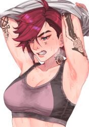 arcane arcane_vi artist_signature blue_eyes breasts clenched_teeth league_of_legends lip_scar noriuma nose_ring red_hair scar shirt_lift shirt_up short_hair sports_bra sweat sweating tattoo vi