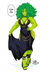 1girls big_breasts big_hair black_dress cleavage commission dress english_text female female_only green-skinned_female green_body green_eyes green_hair green_skin hand_on_hip high_heels hips hulk_(series) marvel marvel_comics modakawa_dress muscles muscular muscular_arms muscular_female she-hulk smiling solo sonchapo speech_bubble thick_thighs white_background