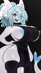 1futa areolae black_dress blue_hair blue_nipples breasts clothed clothing dress flaccid futa_only futanari hi_res horns huge_breasts huge_cock humanoid humanoid_penis large_breasts long_hair mostly_clothed nipples original original_character pelvic_curtain penis pointy_ears red_eyes sasha_(daigada) shortstack sideboob smile solo standing tail thick_thighs white_body white_skin wide_hips zanamaoria