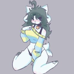 1girls 2d black_hair blush breasts cat_bell cropped_sweater female female_only furry furry_female furry_only humanoid scentedpocky solo tagme temmie_(undertale) undertale undertale_(series) wagging_tail white_fur