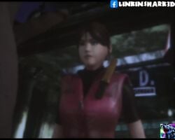 3d claire_redfield claire_redfield_(jordan_mcewen) clothing dark_skin female firearm handgun human linkinshark3d looking_at_penis male manual pale_skin resident_evil resident_evil_2 tagme threatening video weapon