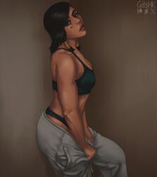 1girls black_hair bra brow_skin egyptian egyptian_female fareeha_amari female gits-hk looking_at_viewer looking_to_the_side overwatch overwatch_2 pharah sports_bra sportswear sweatpants