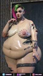 1girls 3d bbw belly big_belly big_breasts breasts cyberpunk_2077 fat female huge_belly judy_alvarez lykoxxx morbidly_obese nipples obese oil oiled oiled_body oiled_skin overweight tattoo