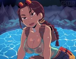 1girls areolae braided_hair breasts brown_hair lara_croft lara_croft_(classic) large_breasts long_hair see-through_clothing speedosausage tomb_raider wet wet_clothes