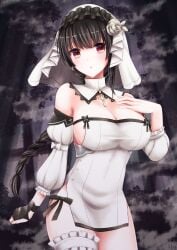 ankh bare_shoulders black_hair blush bow braid breasts bridal_garter cleavage commentary_request commission cross cross_earrings cross_necklace detached_sleeves dress earrings female fingerless_gloves flower frills gloves hand_on_own_chest itsumoto_hiroharu jewelry large_breasts long_hair looking_at_viewer necklace nun rabiane_(sinisistar) red_eyes rose sideboob single_fingerless_glove single_glove sinisistar skeb_commission solo strapless strapless_dress two-tone_dress veil white_dress white_flower white_rose white_veil