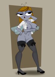 1female 4_arms ambyva antennae antennae_(anatomy) anthro anthro_only areolae arms_crossed arms_under_breasts background_character big_breasts big_eyes black_eyes black_heels breasts brown_background brown_hair commission disney disney_channel female female_only gray_areola grey_skin hand_behind_head hand_on_hip heels hourglass_figure insect_girl insect_wings legwear_only mature_female milf mostly_nude ms_zesty multi_arm multi_limb narrowed_eyes nipples open_clothes open_shirt partially_nude pussy seductive_pose shirt_only simple_background stockings the_buzz_on_maggie thick thick_thighs thighs wide_hips