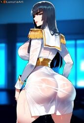 1girls ai_generated ass ass_focus back back_view big_ass big_breasts big_butt black_hair blue_eyes clothed clothing color female female_focus female_only hi_res junketsu kill_la_kill kiryuuin_satsuki large_breasts light-skinned_female light_skin lipstick long_hair luxuriaart nipples_visible_through_clothing solo solo_female tagme thiccwithaq_(ai_style) thick_thighs wet wet_shirt