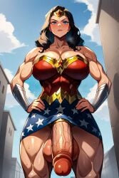 1futa ai_generated black_hair blue_eyes cock_ring dc dc_comics flaccid flaccid_penis futa_only futanari hand_on_hip hi_res huge_balls huge_breasts huge_cock light_skin looking_at_viewer marrielobste muscular_futanari muscular_thighs self_upload solo star_(symbol) superheroine sweat taker_pov thick_thighs wonder_woman