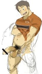 balls big_penis blush boner bottomless erection male male_only manabu_takasaki muscles muscular nichijou pantsless penis shirt_lift solo solo_male sweat sweating waribashi