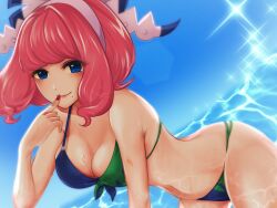 1girls bikini blue_sky breasts cleavage creatures_(company) drill_hair eyeshadow female flipped_hair game_freak green_bikini hairband highres klara_(pokemon) makeup medium_breasts mole mole_under_mouth navel nintendo pink_eyeshadow pink_hair pink_lips pokemon pokemon_ss purple_bikini purple_eyes shaded_face short_hair sky solo swimsuit twin_drills two-tone_bikini water wet white_hairband