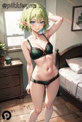 ai_generated arm_behind_head arm_up armpits bangs bare_arms bare_shoulders bed blue_eyes blush bow bow_bra bra breasts cleavage collarbone dungeon_ni_deai_wo_motomeru_no_wa_machigatteiru_darou_ka elf female green_bra green_hair green_panties indoors lace-trimmed_bra lace_trim lingerie looking_at_viewer medium_breasts navel panties parted_lips pikkiwynn pillow plant pointy_ears potted_plant ryuu_lion short_hair small_breasts smile solo standing stomach thighs underwear underwear_only window wooden_floor