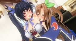 2girls 3d armpit_fetish armpit_licking armpits black_hair brown_hair cpu_(neptunia) flat_chest flat_chested goddess hair_ribbon human if_(neptunia) jacket long_hair medium_breasts neptunia_(series) noire red_eyes ribbon ribbons sleeve_gloves small_breast tagme twin_tails video_games yuri