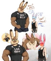 abs animal_humanoid anthro biceps black_clothing black_shirt black_topwear blush bottomwear brown_body brown_fur bulge clothed clothing duo english_text evan_(bouncingbunnyboy) fellatio fur green_eyes hi_res human humanoid inner_ear_fluff lagomorph lagomorph_humanoid larger_anthro larger_male leporid leporid_humanoid male male/male mammal mammal_humanoid misunderstanding mocha_latte_love muscular muscular_male nipples on_top oral pants pecs penile rabbit rabbit_humanoid sabbasarts sex shirt simple_background size_difference smaller_human smaller_humanoid smaller_male t-shirt text thick_thighs thought thought_bubble thoughts topwear torn_bottomwear torn_clothing torn_pants tuft