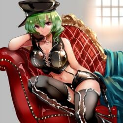 1girls black_crop_top black_shorts breasts chair crop_top dominatrix gloves green_hair hat holding_whip large_breasts looking_at_viewer midriff navel red_eyes short_hair shorts sitting_on_chair thighhigh_boots touhou whip yuka_kazami yuuka_kazami