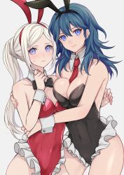 2girls alternate_costume black_leotard blue_eyes blue_hair bowtie breasts bunny_ears bunny_girl bunny_tail bunnysuit byleth_(fire_emblem) byleth_(fire_emblem)_(female) detached_collar edelgard_von_hresvelg fake_animal_ears fake_tail fire_emblem fire_emblem:_three_houses hug hugging large_breasts leotard long_hair looking_at_viewer medium_breasts necktie nintendo playboy_bunny ponytail red_leotard shimizu_akina white_hair wrist_cuffs