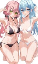 2girls bikini black_bikini black_swimsuit blue_eyes blue_hair breasts green_eyes hair_ribbon hololive hololive_gen_0 hololive_japan hoshimachi_suisei kneeling large_breasts looking_at_viewer medium_breasts midriff motsunuki navel pink_hair ponytail sakura_miko side-tie_bikini side-tie_swimsuit swimsuit twintails virtual_youtuber white_bikini white_swimsuit