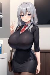 1girls ai_generated breasts_bigger_than_torso bust-waist_contrast flat_belly grey_hair huge_breasts long_hair office office_lady slim_waist solo tiny_waist uzaki-chan_wa_asobitai! uzaki_tsuki