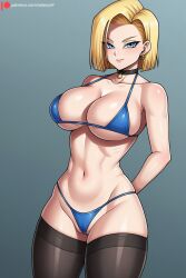 2024 ai_generated android_18 arms_behind_back bell big_breasts bikini black_choker black_legwear black_thighhighs blonde_hair blue_bikini blue_bra blue_eyes blue_panties breasts cameltoe choker cleavage closed_mouth collarbone curvy curvy_female dragon_ball dragon_ball_super dragon_ball_z earrings edosynf female fit_female hands_behind_back highres hourglass_figure jewelry large_breasts legwear light-skinned_female looking_at_viewer micro_bikini navel neck_bell patreon_logo patreon_url self_upload short_hair simple_background skindentation smile smiling_at_viewer solo standing swimsuit thighhighs thighs twitter_link underboob