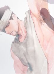 2boys arm_up armpit_focus armpit_hair armpit_sex bandaged_head bandages bara black_hair cum cum_in_mouth cum_on_armpits cum_on_body erection facial_hair goatee_stubble golden_kamuy hair_slicked_back highres invisible_penis looking_at_penis male_focus multiple_boys nipples official_alternate_costume ogata_hyakunosuke pectorals penis scar scar_on_cheek scar_on_face short_hair shumari_rf sidepec sleeveless solo_focus stubble toned toned_male undercut yaoi