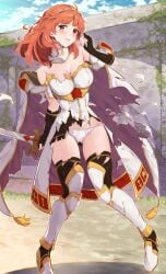 1girls armor ass_visible_through_thighs bare_shoulders blue_sky blush breastplate breasts cape celica_(fire_emblem) cleavage cloud commentary_request day dress earrings female female_only fingerless_gloves fire_emblem fire_emblem_echoes:_shadows_of_valentia gloves hairband holding holding_sword holding_weapon jewelry large_breasts long_hair looking_at_viewer nintendo off-shoulder_dress off_shoulder open_mouth outdoors panties red_eyes red_hair skirt sky solo sword thighhighs tiara torn_cape torn_clothes torn_skirt torn_thighhighs underwear weapon white_armor white_panties yuuri_(orz_commushows)