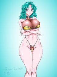 bikini bishoujo_senshi_sailor_moon hourglass_figure huge_ass huge_breasts large_breasts lips marubayashi_shumaru michiru_kaiou midriff sailor_senshi_uniform swimsuit thick_thighs wide_hips