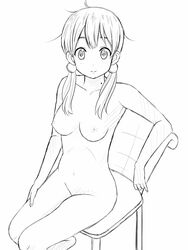 artist_request breasts closed_mouth ears exposed_breasts eyes female female_only front_view hair human monochrome mouth nudity open_mouth round_ears sitting sketch smile solo tamako_kitashirakawa tamako_market tied_hair twintails