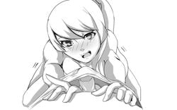 bakemonogatari black_and_white female imminent_oral kiss-shot_acerola-orion_heart-under-blade monogatari_(series) oshino_shinobu penis ponytail tagme vampire yellow_eyes