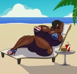 2020s 2021 american_flag american_flag_bikini areola areola_slip areolae beach big_breasts big_thighs black_hair breasts cleavage dark-skinned_female dark_skin dr.ebunny_(jiqqy) female female_focus female_only hamburger hi_res high_heels highres hyper hyper_breasts jiqqy large_breasts large_thighs nipple_bulge outdoors solo solo_female solo_focus sunbathing thick_thighs thighs yellow_eyes