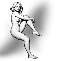 ai_generated bare_arms bare_breasts bare_legs bare_shoulders bare_thighs barefoot black_and_white disruptorr female female_only full_body fully_nude leg_up